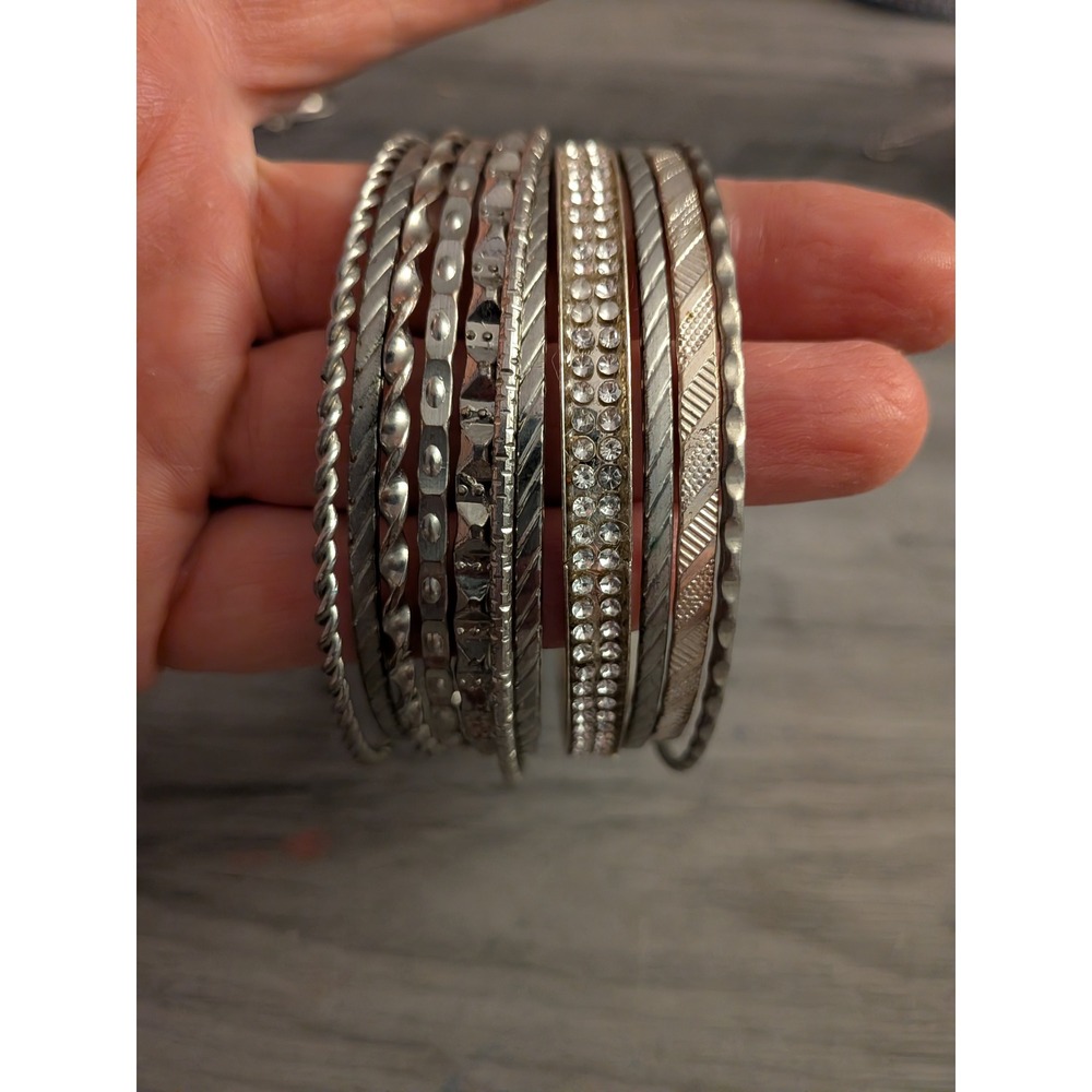 Silver Tone Textured Bangle Bracelet Set Rhinestone Accents 9 Piece Stack